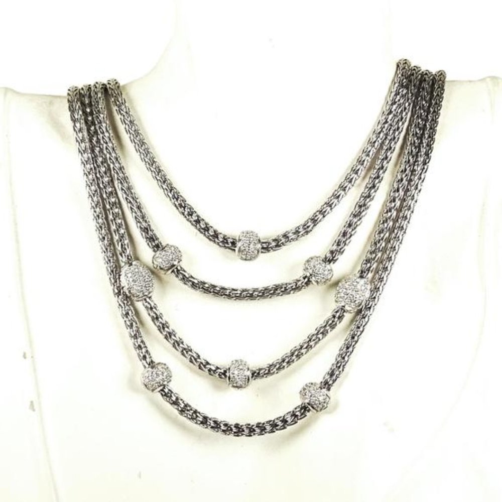 JOHN HARDY Sterling Silver 18k Gold Diamond Pave Stations Four Strand Necklace